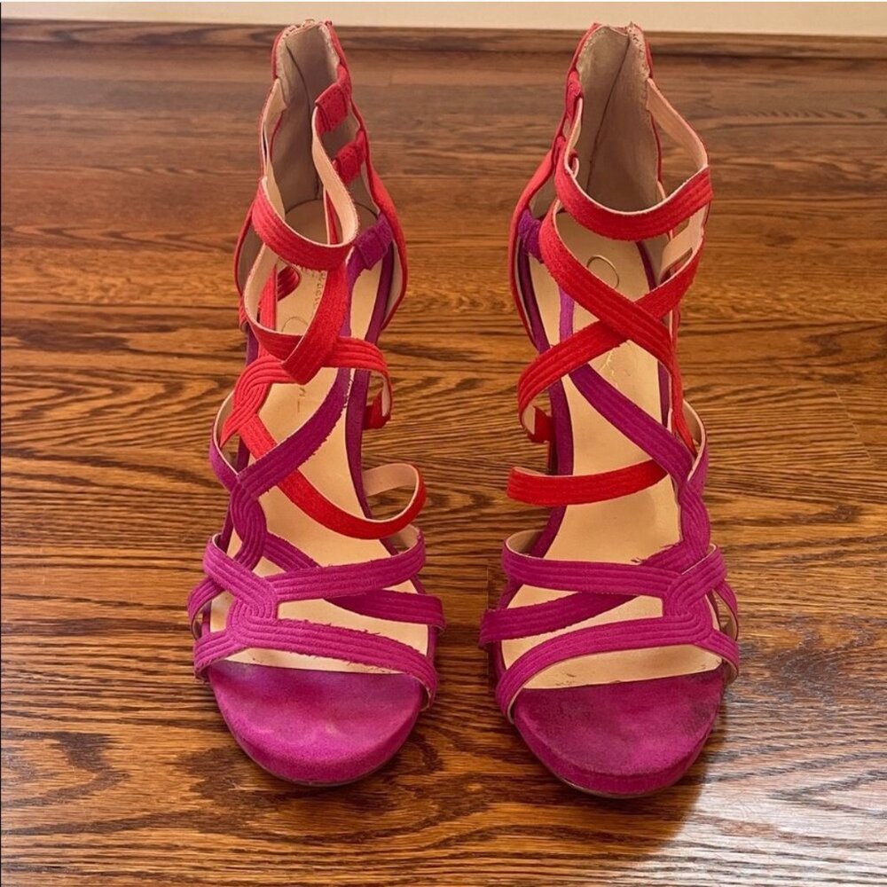 Jessica Simpson Strappy Rainah Red and Purple Faux Suede Heels Size 9.5 - Picture 2 of 11